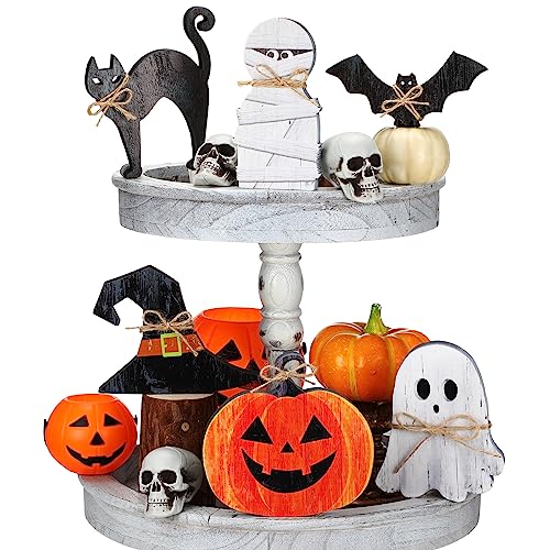 Halloween Tiered Tray Decor Set - Pumpkin Ghost Cat Mummy Witch - 6 Pieces