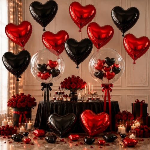 TONIFUL 30 Pack Red and Black Heart Foil Balloons - 3 Sizes for Gothic Wedding & Party Decorations