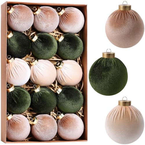 15Pcs Velvet Christmas Ornaments Set - Dark Green, Champagne, Kaki - Shatterproof Holiday Decorations