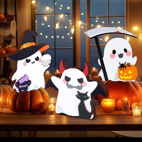 Cute Medium Ghost Halloween Decor Set - Spooky Indoor Table & Tiered Tray Pumpkin Decorations - Double-Sided Halloween Figures