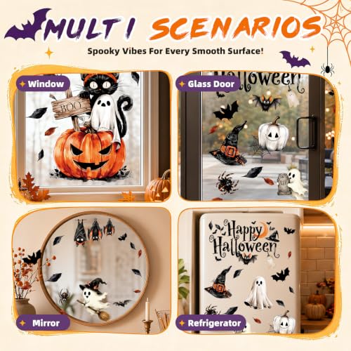 Halloween Window Clings - Black Cat Pumpkin Glass Decoration, Static Reusable