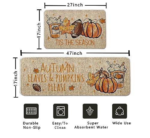Fall Kitchen Rug Set of 2 - Autumn Football Pumpkin Farmhouse Floor Mats