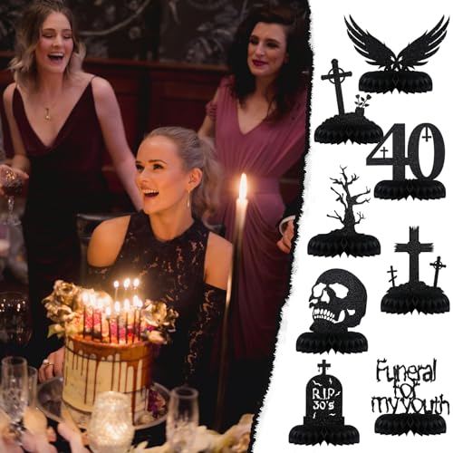 Black Glitter 8-Pack Death to My 30s Birthday Decorations - 40th Party Variation of Black / 40th