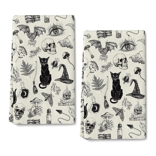 Witchy Gothic Kitchen Towels Set of 2 - Celestial & Cat Design, 16x24 Inches