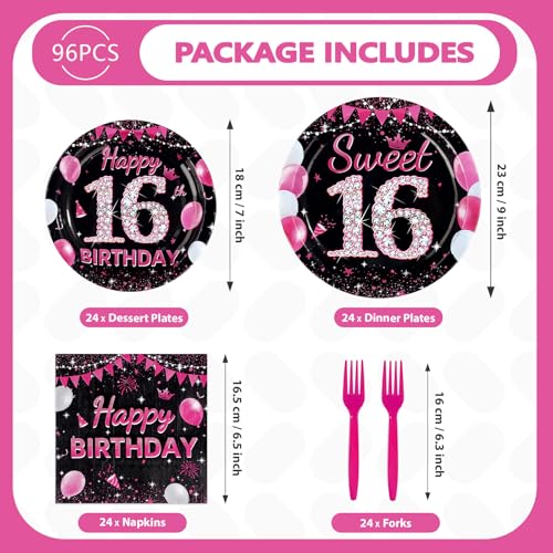 16th Birthday Party Plates Set - 24 Hot Pink Sweet 16 Dinner & Dessert Plates with Napkins & Forks - Variation of 16th Plates