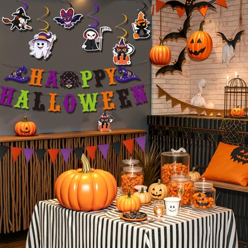 Halloween Banner Indoor Decor Set with Flags, Swirls & Characters - Orange & Purple