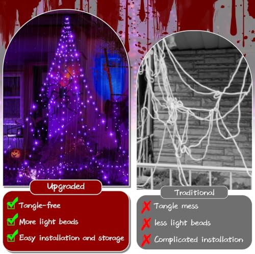 Halloween Spider Web Lights Outdoor Purple 266 LEDs 9.8FT with Remote Control - Waterproof Decor