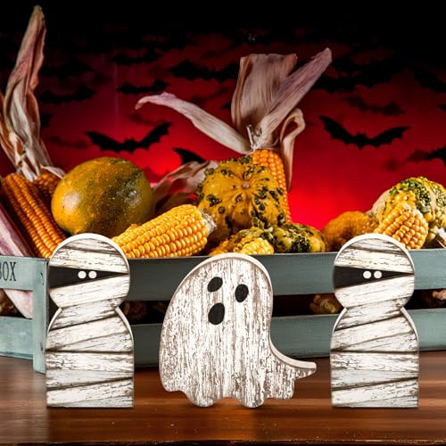 Halloween Mummy and Ghost Wooden Signs Decor Set - Spooky 3D Table Decorations