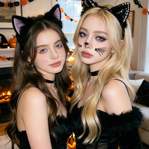 Cat Face Jewels and Stickers - Glitter Cat Face Makeup Accessories, Black+Pink
