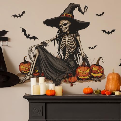 Halloween Witch Skeleton Wall Decals - Removable Skull Stickers with Bats & Pumpkins, Black & Orange Variation