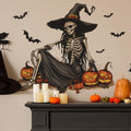 Halloween Witch Skeleton Wall Decals - Removable Skull Stickers with Bats & Pumpkins, Black & Orange Variation