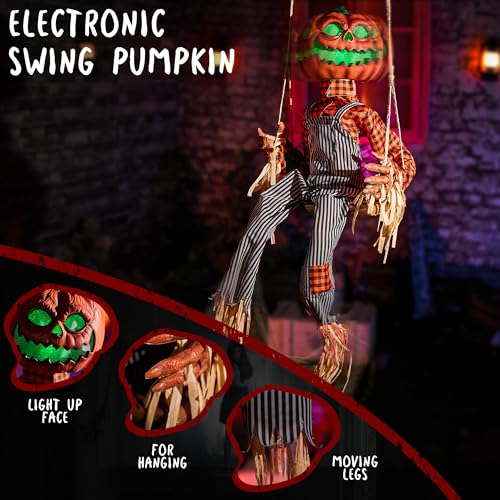 Halloween Animatronics Swinging Pumpkin with Motion Sensor Light Up Eyes - Creepy Sound & Scary Movement - Hanging Decor - Variation: Swinging Jack