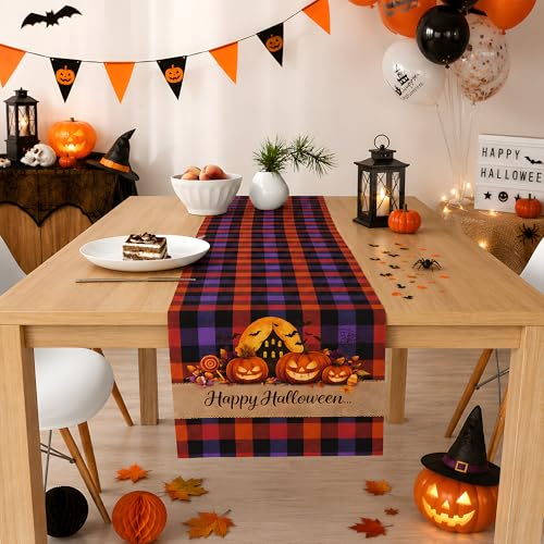 Halloween Checkered Table Runner with Spooky Design - Fall Kitchen Decor - Halloween Party Favors - Variation: Halloween Plaid
