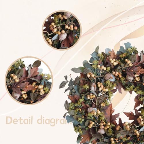 24-Inch Autumn Wreath with Maple Leaves and White Fruits for Fall Home Decor