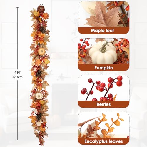 6ft Fall Garland with Lights and Pumpkins - Brown Autumn Decor