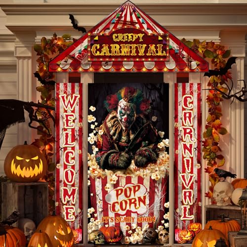 Halloween Circus Carnival Door Decorations Set - Evil Clown, Banner & Awning