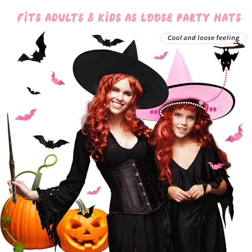 Halloween Hanging Witch Hats Set with Bat Wall Decor & Rope - Spooky Indoor Outdoor Party Decorations