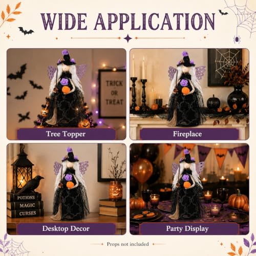 Halloween Witch Tree Topper Decoration - 11 Inch Black Witch with Spider Web Skirt - Multicolor Variant