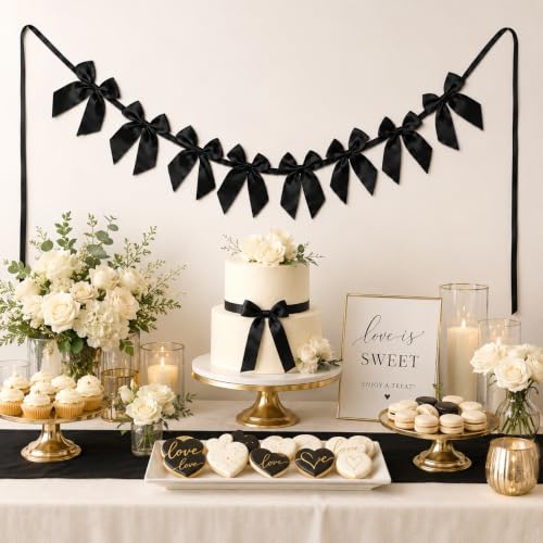 Black Satin Bow Garland - Pre-Strung Party Banner for Celebrations - Black