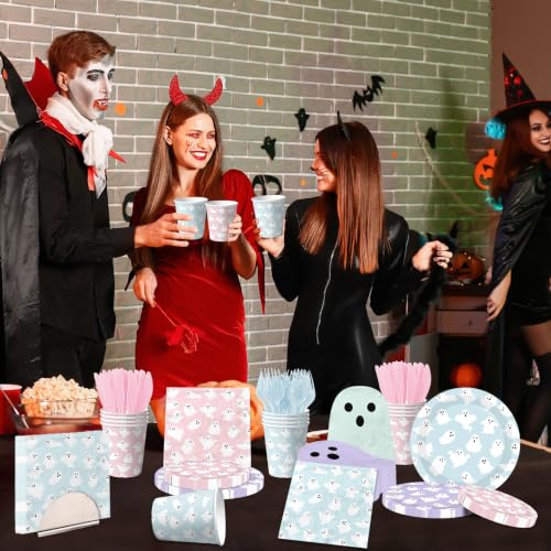 Pastel Halloween Ghost Paper Plates Napkins Cups Set for Parties - 156 pcs