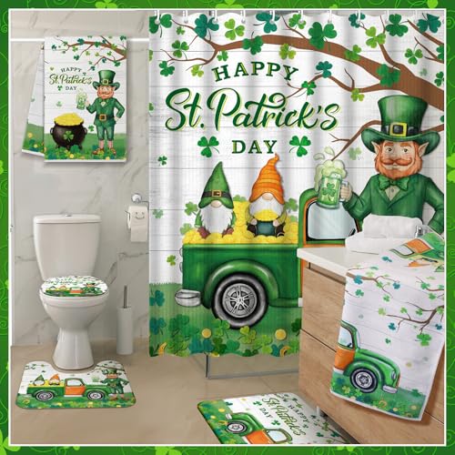 St. Patrick's Day Bathroom Set with Shower Curtain Rug Towels – Waterproof Decor