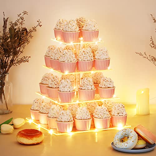 Warm 4 Tier LED Cupcake Stand with Acrylic Display & Light Cord