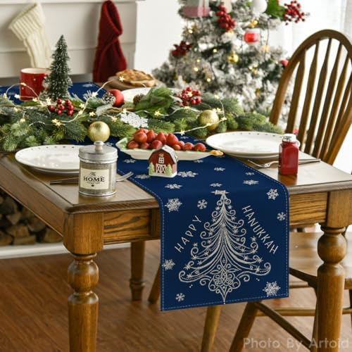 Holiday Hanukkah Table Runner Blue Pine Trees Snowflakes 13x72 Inch Home Decor