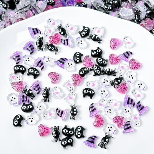 Halloween Nail Charms Set - Purple Ghost Spider Web Rhinestones & 3D Nail Gems - Variation 12
