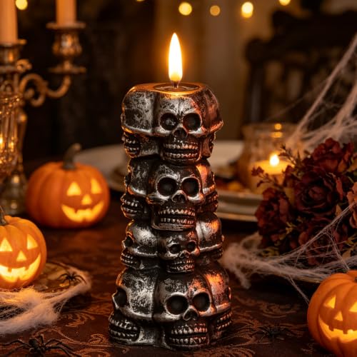 Gothic Skull Halloween Decor with Flickering Flame Effect - Indoor Tabletop Ornament