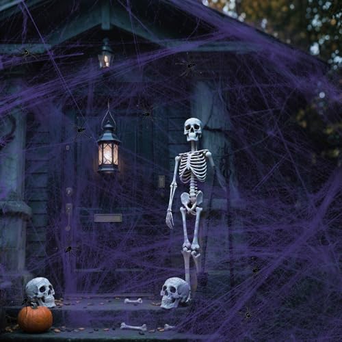 Purple Halloween Spider Web Decoration - 300 Sq Ft Stretchy Cobwebs with 30 Spiders