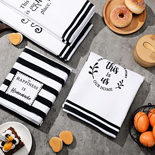 Honoson 4 Pack Kitchen Towels with Home Sweet Home Print - Black Stripe / White Stripe