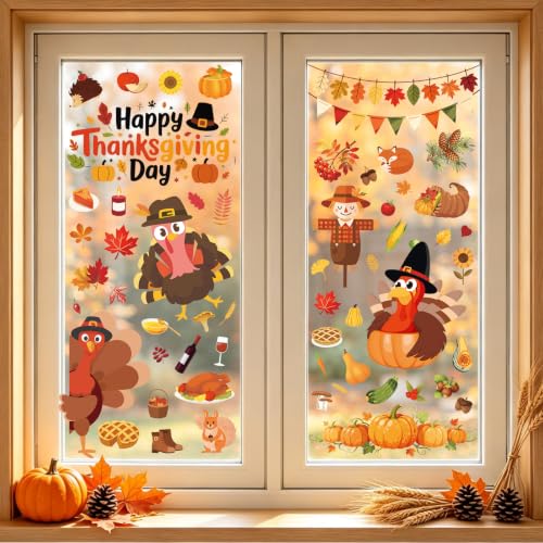 Thanksgiving Fall Window Clings Set - 9 Sheets for Glass Decor - Thanksgiving