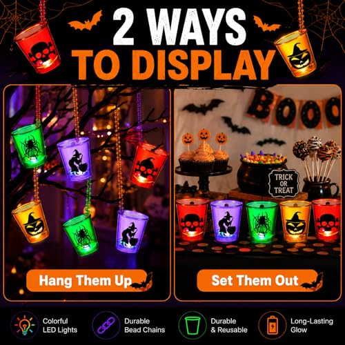 Halloween Shot Glass Necklace Set - 24 Assorted Plastic Skull Ghost Cups with Beaded Chains - Stylish Style