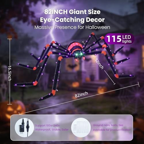6.8 FT Light Up Outdoor Halloween Spider with Green Eyes and 140 LED Lights - Waterproof Yard Decor