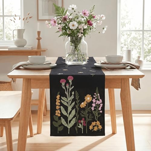Black Floral Embroidered Table Runner - 13x72 Inch Seasonal Kitchen Decor