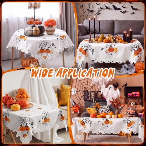 Halloween Embroidered Ivory Tablecloth 34 Inch - Spooky Pumpkin Bat Web