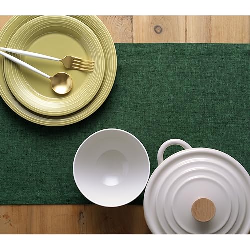 Pure Linen Table Runner - Forest Green Woven 14x48 Inches - Athena