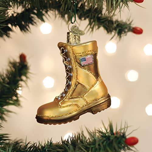 Military Boot Glass Ornament - Gold Combat Boot with Flag Patch, 3x2.75 Inches, Handcrafted Holiday Decor