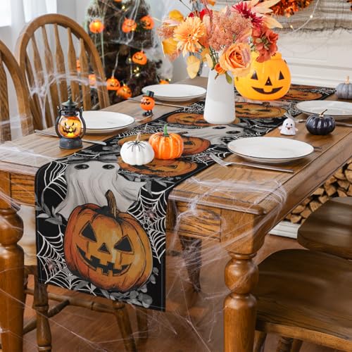 Halloween Table Runner 13x72 Inch Jack-O-Lantern Ghost Spider Fall Decor