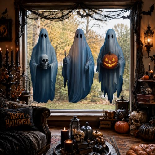 34-Inch Halloween Spooky Ghost Window Cling Decal - Extra Large, Reusable, Double-Sided Decoration - Variation: Spooky Ghosts