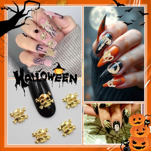 Halloween Nail Charms Set - 70 Gold 3D Skeleton Skull Cross Spiders Spikes