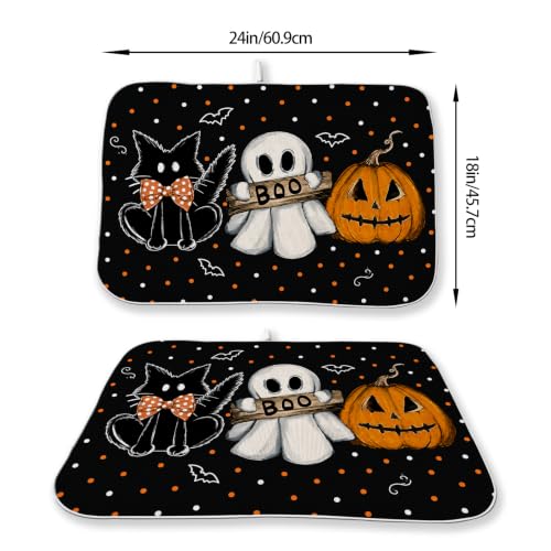 Halloween Dish Drying Mat 18x24 Inch Ghost Pumpkin Cat Bats Polka Dot for Kitchen & Dining - Fall Decor