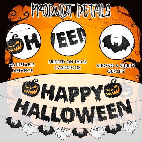 Black Glitter Halloween Banner with Pumpkin Ghost Bat Decorations - Party Wall Decor