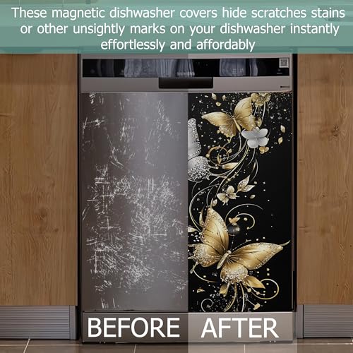 Magnetic Dishwasher Cover Decal Gold Silver Butterfly - Kitchen Decor 23x26 Inch