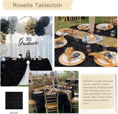 Black 3D Floral Rosette Satin Tablecloth 90x156 Inches for Wedding & Party