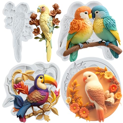 Bird Flower Silicone Mold Set - Parrot, Flower, Tree Branch Fondant Molds - Style B