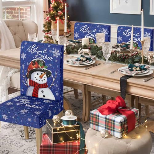 Blue Snowman Christmas Chair Covers Set - 8PCS, Durable Polyester