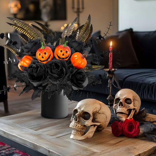 Halloween Artificial Flower Stems - 14pcs Black Halloween Decor for Vase, Table, Room, Indoor Party - Black
