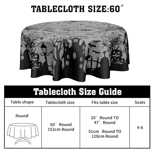 Kawani Halloween Round Tablecloth 60 Inch Spooky Pumpkins Bats Web Black Gray