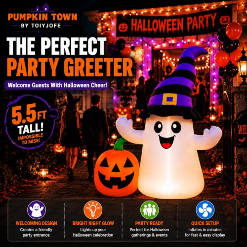 Halloween Inflatable Ghost with Pumpkin Yard Decoration - 5.5FT, LED Lights, Easy Setup - Variation of Ghost Pumpkin